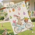 Easter garden flag with cute rabbit riding a blue bicycle on textured linen fabric - Rabbit Cycling Garden Flag