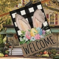Easter garden flag with buffalo plaid, bunny ears, colored eggs, and welcome message - Black and White Gingham Rabbit Ear Garden Flag