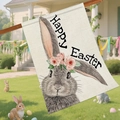Happy Easter double sided garden flag featuring a rabbit with a pink floral wreath - Floral Gray Rabbit Garden Flag