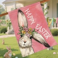 Pink Happy Easter garden flag featuring a cute bunny with a colorful floral wreath - Pink Background Cute Rabbit Garden Flag