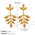 Golden stainless steel leaf drop earrings with realistic vein texture and geometric design - Gold