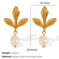 Vintage golden leaf freshwater pearl earrings in stainless steel for women - Gold