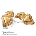 Golden stainless steel sacred heart earrings with flame detail in minimalist style - Gold