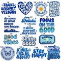 Detailed grid of blue embroidered patches with inspirational English quotes and floral motifs - Assorted Inspirational Slogan Patches