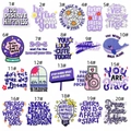 Close-up of assorted purple embroidered motivational letter patches and icons - Purple Series Motivational Patch Set