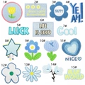 Macro detail of 15 blue flower embroidery patches with diverse patterns and slogans - Blue Series Patch Combo (15pcs)