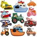 Detailed view of eleven colorful embroidered vehicle patches including cars and trucks - Cartoon Car Fabric Patch Set Of 11