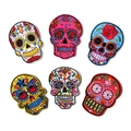 Set of 6 colorful Day of the Dead sugar skull embroidered iron-on patches for clothing - Mixed Pattern Set