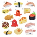 Detailed embroidery texture of 15 cartoon sushi and food iron-on clothing patches - Assorted Sushi Patches Collection