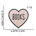Detail showing pink heart-shaped BOOKS embroidered patch with dimensions 6.6cm x 6.3cm - Pink Heart Books (Style 9)