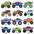 Vista plana de 12 parches bordados de camiones monstruo coloridos con detalles - Coche de Dibujos Animados Surtido
