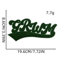 Detail of green GRWM chenille letter patch showing dimensions 19.6cm by 8.6cm on white background - Dark Green GRWM Style