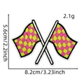 Detail showing dimensions of pink and lime green checkered crossed flags embroidery patch - Pink/Lime Checkered (3#)
