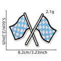 Detailed view of checkered racing flag iron-on patches with size and weight annotations - Light Blue/White Checkered (7#)