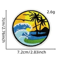 Close-up of tropical island embroidery patch with blue waves, palm trees and sun details - Landscape Patch 5#