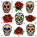Set di 9 toppe ricamate ad alta densità con teschi messicani e rose rosse dettagliate - Stile collezione completa teschio e rosa