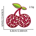 Detail view of pink plaid cherry embroidery patch with dimensions 6.9cm by 6.8cm - Cherry Style (Glitter Checkerboard 3#)