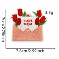 Detail shot of I Love Mom envelope embroidery patch with dimensions and 3.3g weight - Style 15