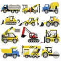 Set of 12 cartoon construction vehicle iron-on patches featuring yellow excavators and cranes - 12-Piece Set
