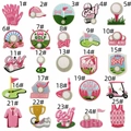 Selection of 25 pink golf-themed embroidered patches featuring clubs, hats and carts - Full Collection Style (ai-25 Styles)