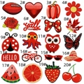 Detailed grid of 20 assorted red embroidery iron-on patches with fruit and floral patterns - 20 Pcs Assortment Set