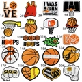 Detailed close-up of 20 assorted basketball themed embroidery patches with vivid textures - Basketball Patch Combo