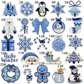 Detailed collection of 24 blue and white winter themed embroidered iron-on patches - Winter Cartoon Patch Combination