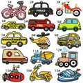 Detailed grid view of 15 cartoon vehicle embroidery patches showing sharp stitch textures - Vehicle Patches Collection (15-Piece Assorted)