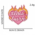 Pink heart slow burn embroidered patch with orange flame details and size labels - Flame Heart Style (14#)