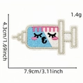 Cartoon syringe embroidery patch with cute facial expression and dimensions text - Syringe