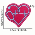 Pink heart embroidery patch with blue stethoscope and EKG lines, 7.3cm x 7.9cm size - Stethoscope Heart