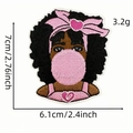 Embroidered black girl patch with pink bow and bubble gum, size 7cm x 6.1cm - Girl Blowing Pink Bubbles (6036869923021)