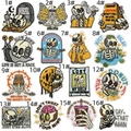 Macro view of sixteen diverse cartoon skull and gothic embroidery iron-on patches - Cartoon Skeleton Collection (AZ2508G8-4)