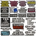Detailed collection of 20 embroidered mathematical and humorous patches on white background - 20 Pcs Assortment Set