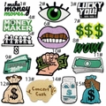 Close-up detail of money theme embroidery patches showing fine needlework and stitching - Dollar Wealth Series Patch Set (15-Piece Assortment)