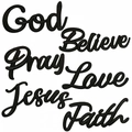 Set of six black embroidered patches with words God Believe Pray Love Jesus Faith - Black Combination Collection