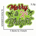 Green Merry & Bright Christmas iron-on embroidered patch for clothing decoration - Merry & Bright With Bow And Candy Cane Style
