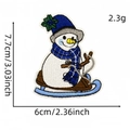 Embroidered snowman on sled patch with blue scarf and hat for winter clothing décor - Snowman Sleigh