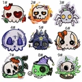 Detailed grid of nine Halloween skull embroidery patches with roses and hearts - 9 Piece Skull Patch Set