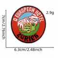 7cm red round embroidered travel patch featuring green architecture and snow mountains - Mountain Scenery Style (标志布贴16#)