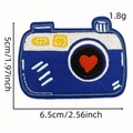 Blue and white camera embroidery patch with red heart detail and size measurements - Cartoon Camera Patch 11