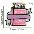 Pink cartoon book embroidery patch with READ MORE text and floral accents, 8.4x7.2cm size - Read More (2#)