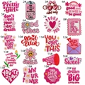 Detail view of 20 pink embroidered patches with motivational English slogans on white - Pink English Patches Assorted Style Bundle