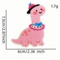 Pink cartoon dinosaur embroidery patch with hat and bow tie, size 7.3 x 6 cm - Pink Beret Style (恐龙布贴12#)