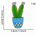 Green cactus embroidery patch in a blue pot with white flowers and size dimensions - Cactus Style 13