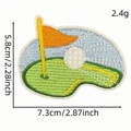 Cartoon golf ball embroidered patch with green flag and sizing measurements, 7.3cm x 5.8cm - Golf Club Pattern 1