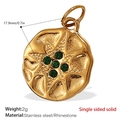 Goldener Edelstahl Sternenkompass Anhänger mit grünen Strasssteinen, 17.9mm runder Charm - Grüner Zirkonia Goldmünze (PJ487GNG)