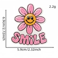 Pink flower embroidery patch with smile face and SMILE text for clothing decoration - Smile Flower Style (Pink English Patch 14#)