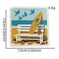 Square coastal beach girl embroidery patch with surfboard and blue sky details - Beach Bench Square Style (15#)