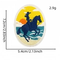Oval embroidered patch featuring a blue cowgirl riding a horse against a sunset sky - Cowboy Riding Oval Style (17#)